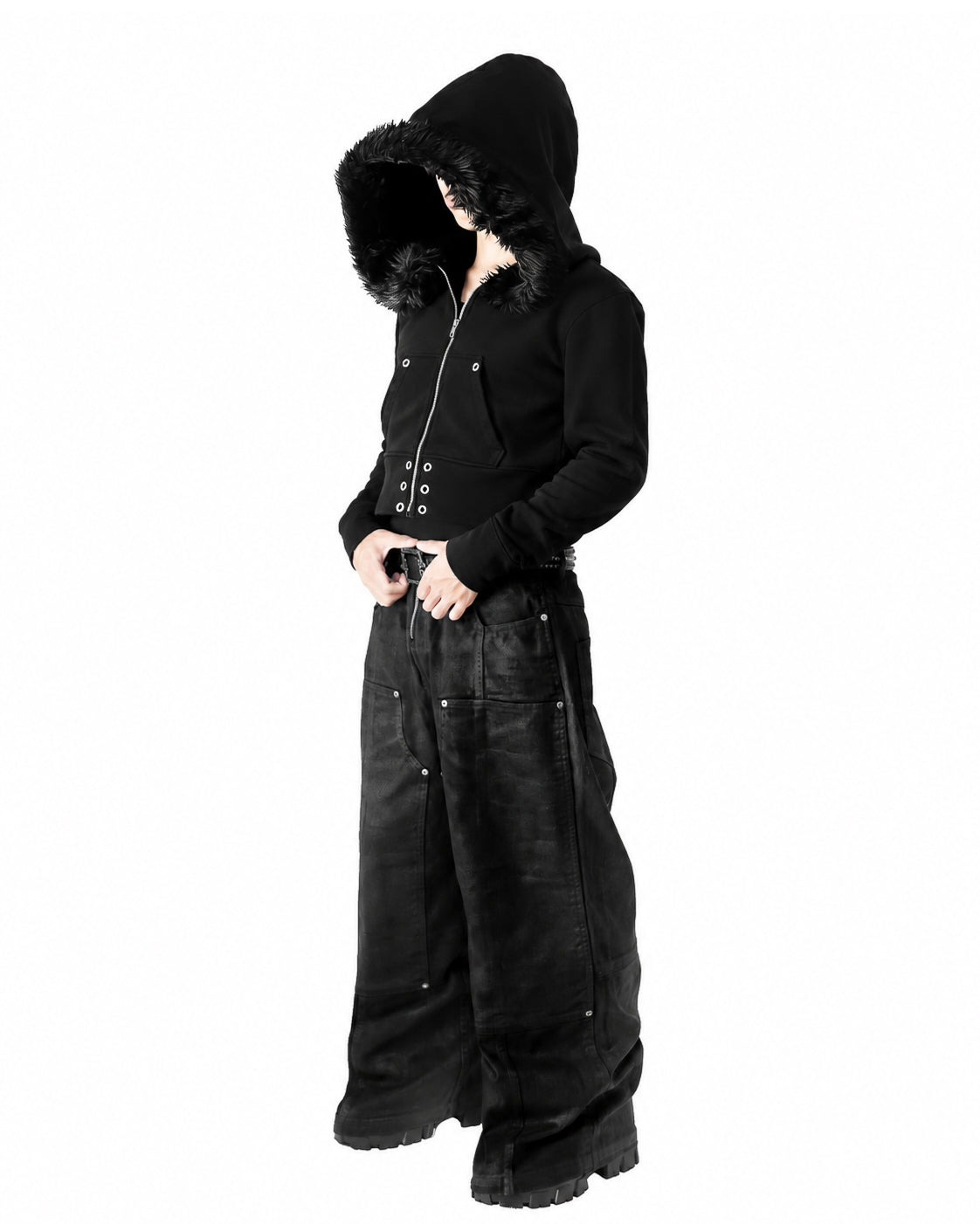 SET COATING DOUBLE KNEE VOLUME BOTTOM WIDE PANTS &  FUR CROPPED BIG HOODIE FIT