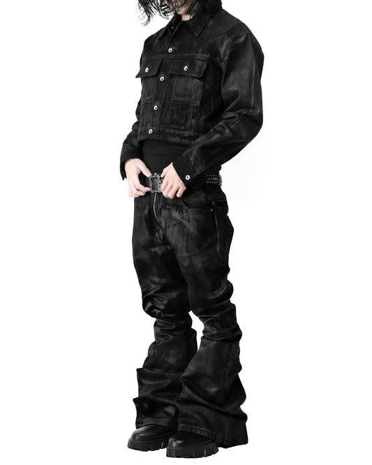 SET ALLCAPO COATING CROPPED JACKET BLACK & COATING FLARE PANTS