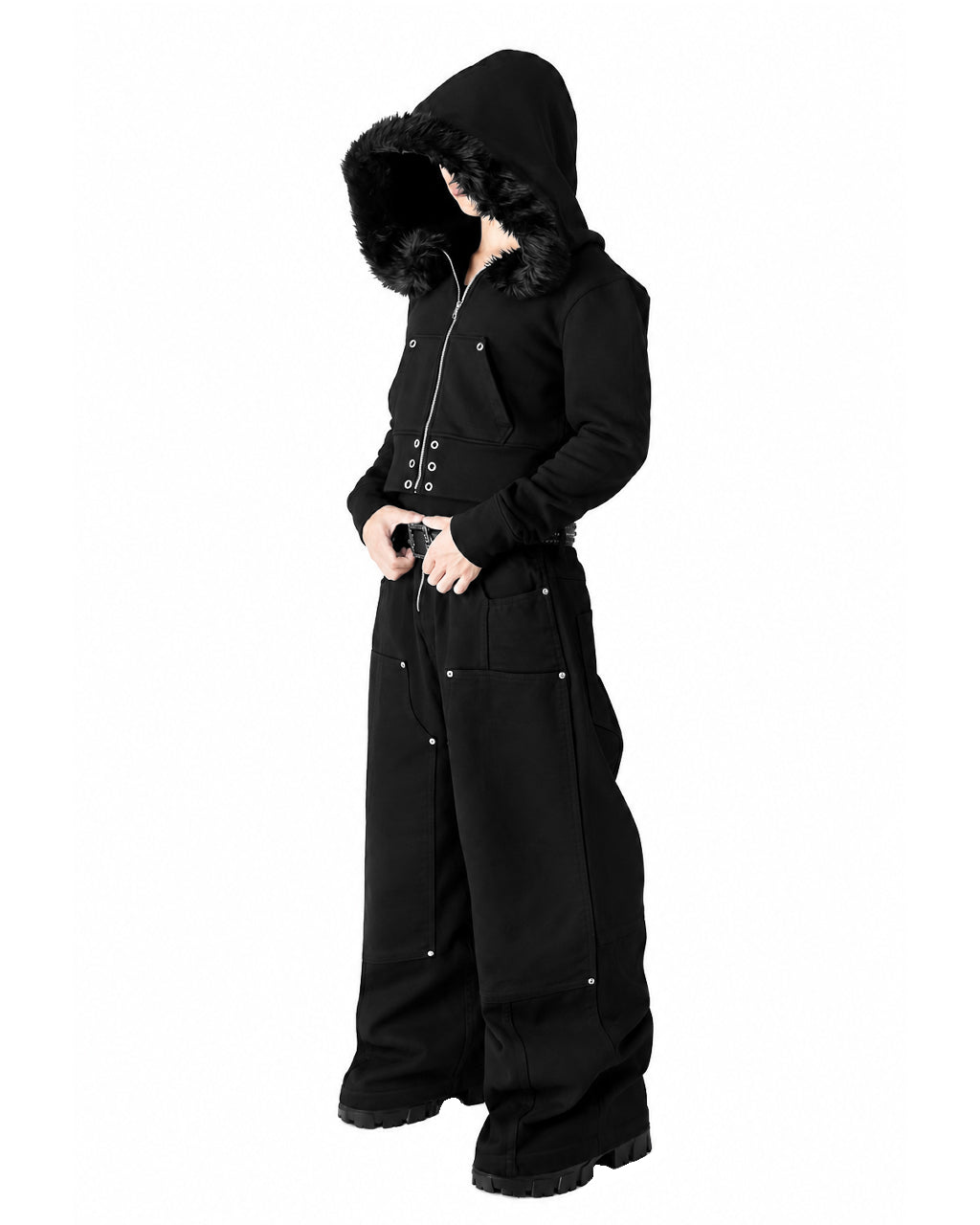 SET  DOUBLE KNEE VOLUME BOTTOM WIDE PANTS &  FUR CROPPED BIG HOODIE FIT