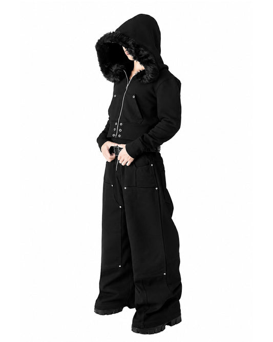 SET  DOUBLE KNEE VOLUME BOTTOM WIDE PANTS &  FUR CROPPED BIG HOODIE FIT