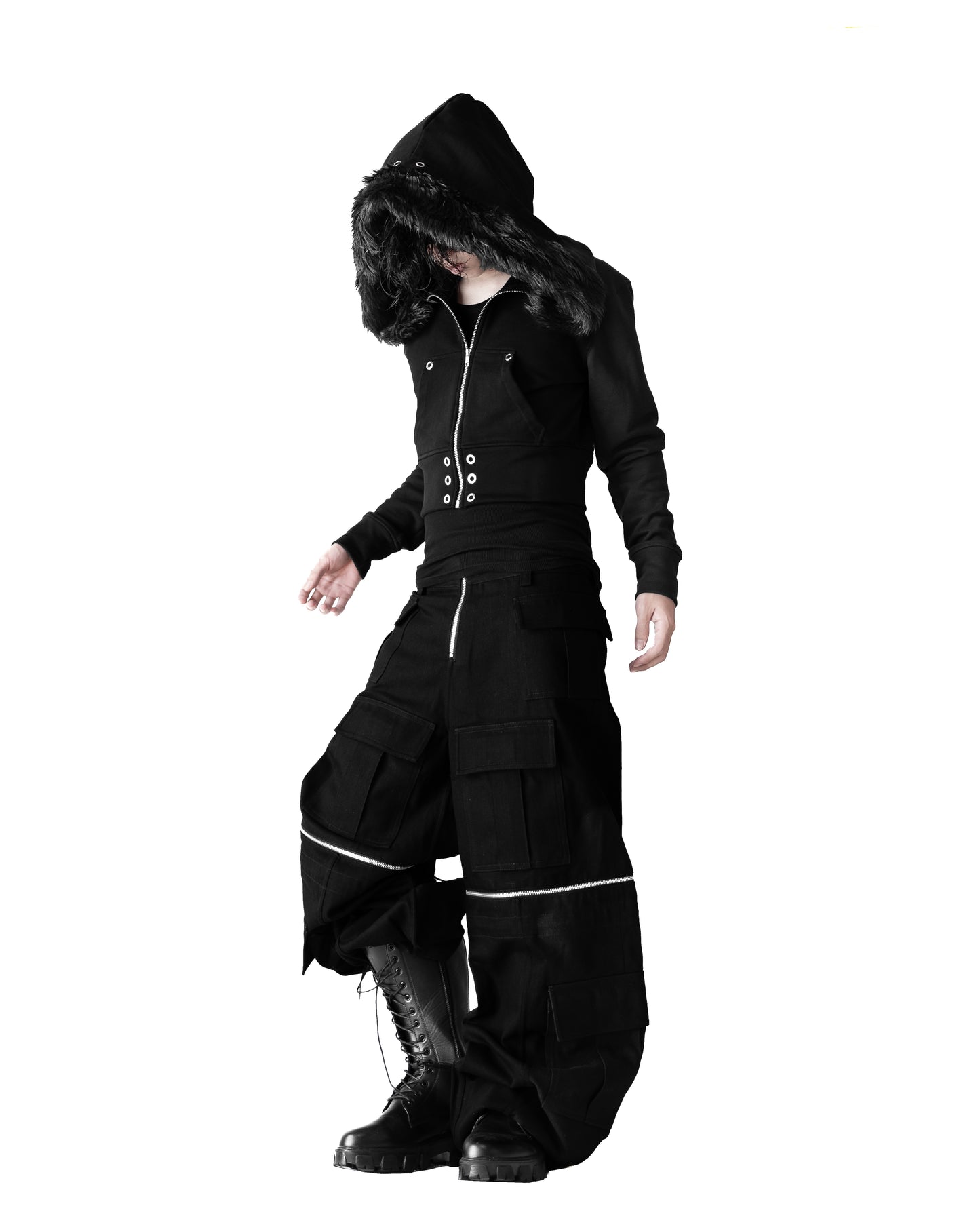 - SET UP - FUR CROPPED BIG HOODIE FIT & 3WAY STACKED FLARE CARGO