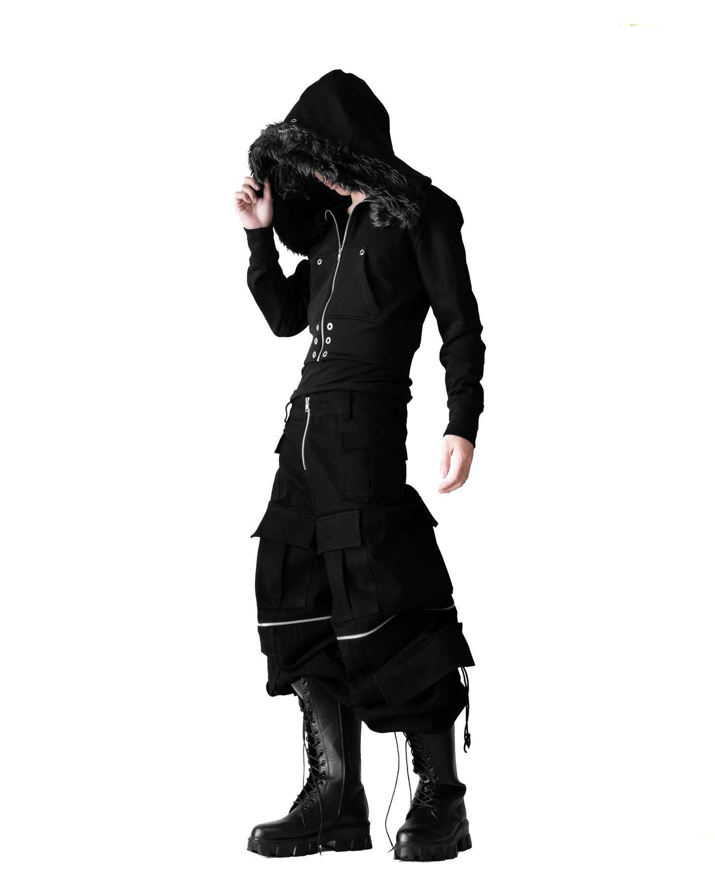 - SET UP - FUR CROPPED BIG HOODIE FIT & 3WAY STACKED FLARE CARGO