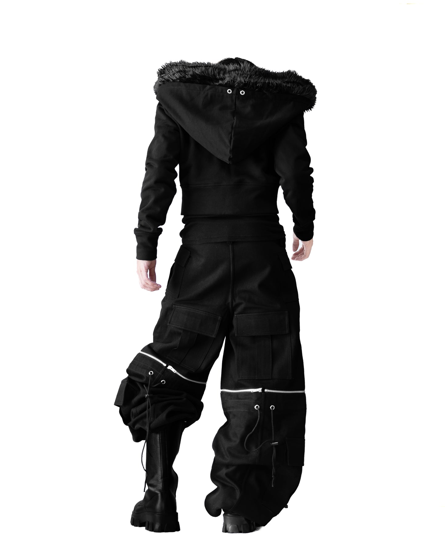 - SET UP - FUR CROPPED BIG HOODIE FIT & 3WAY STACKED FLARE CARGO