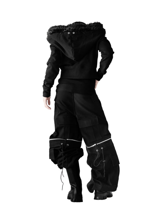 - SET UP - FUR CROPPED BIG HOODIE FIT & 3WAY STACKED FLARE CARGO