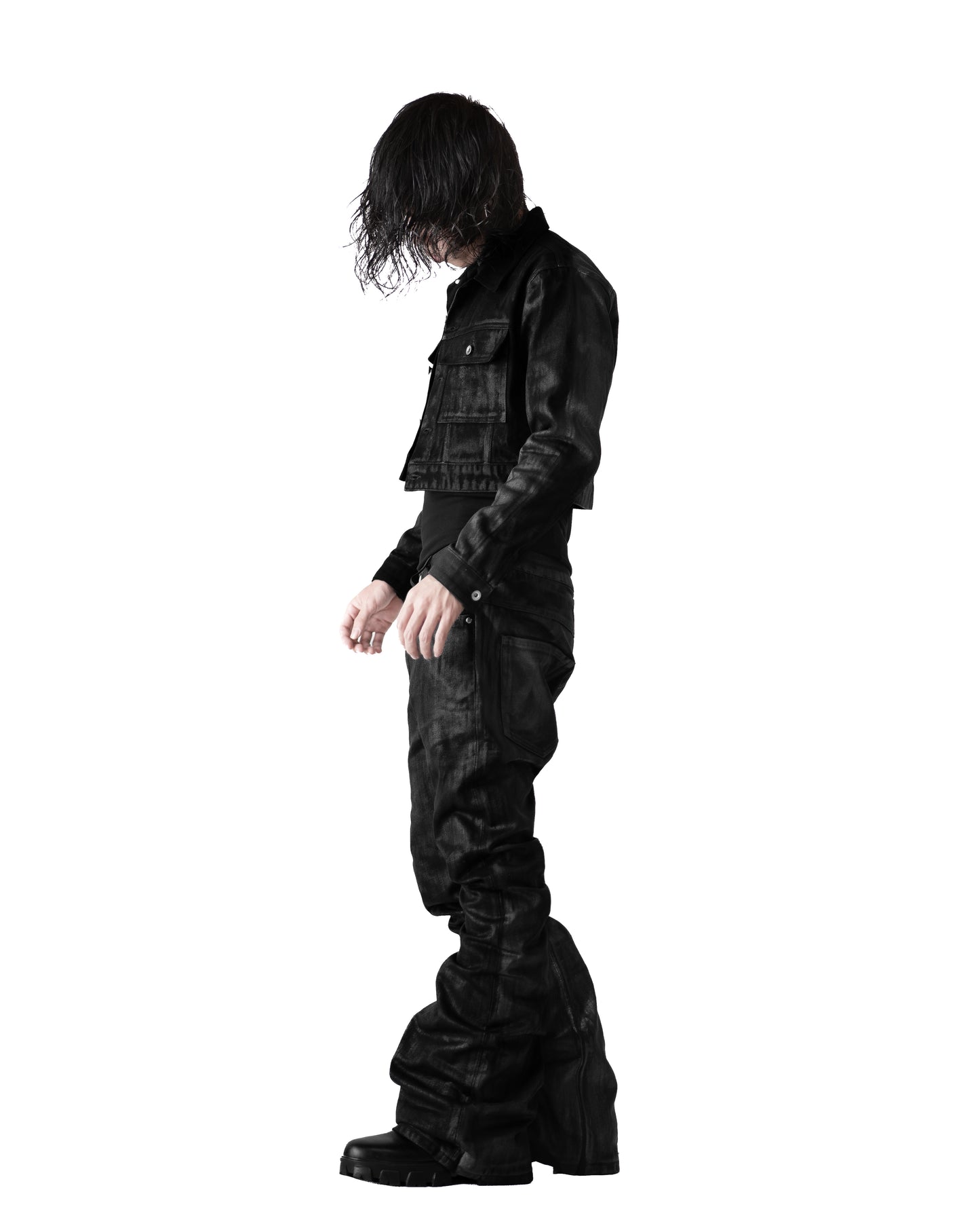 SET ALLCAPO COATING CROPPED JACKET BLACK & COATING FLARE PANTS