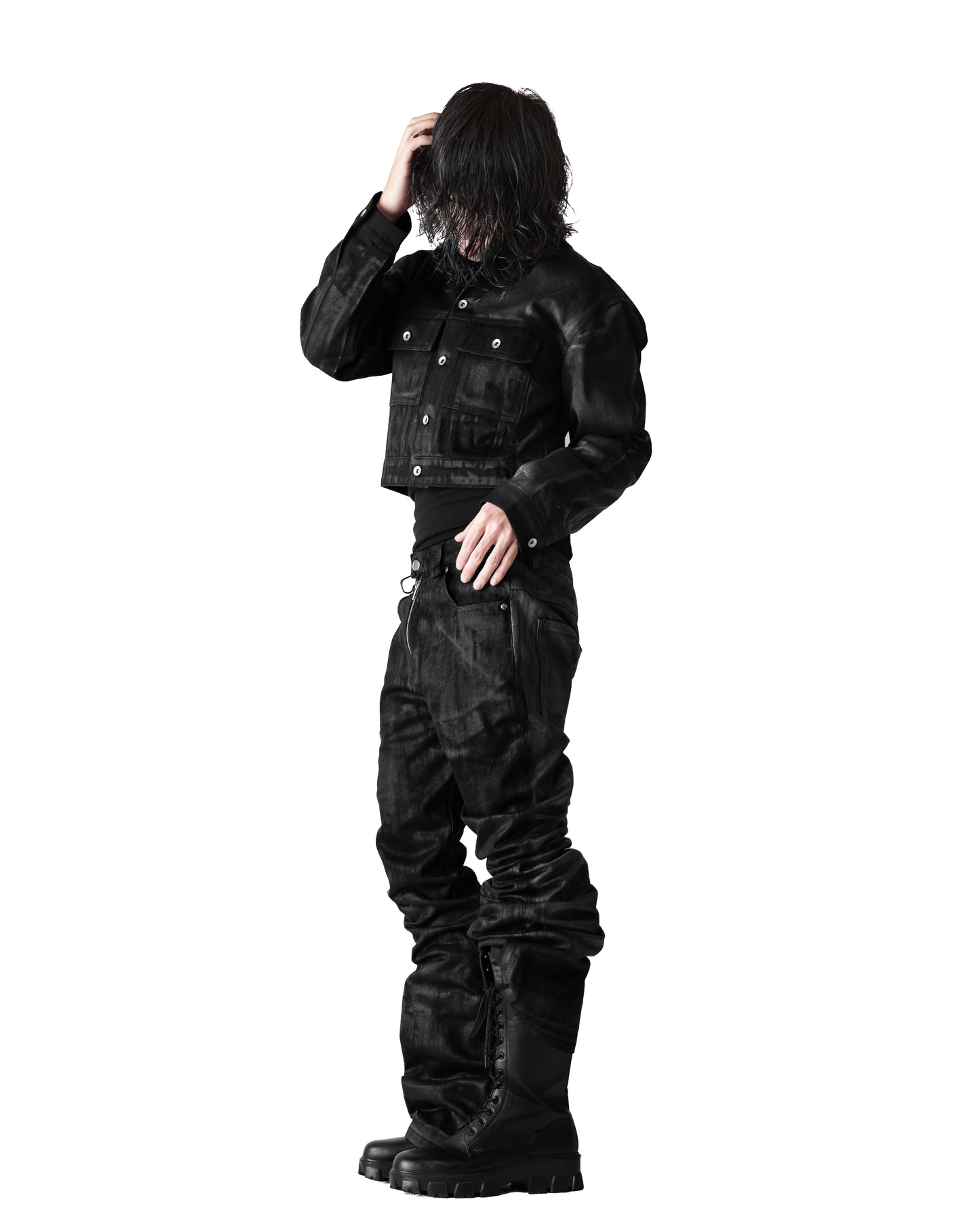 SET ALLCAPO COATING CROPPED JACKET BLACK & COATING FLARE PANTS