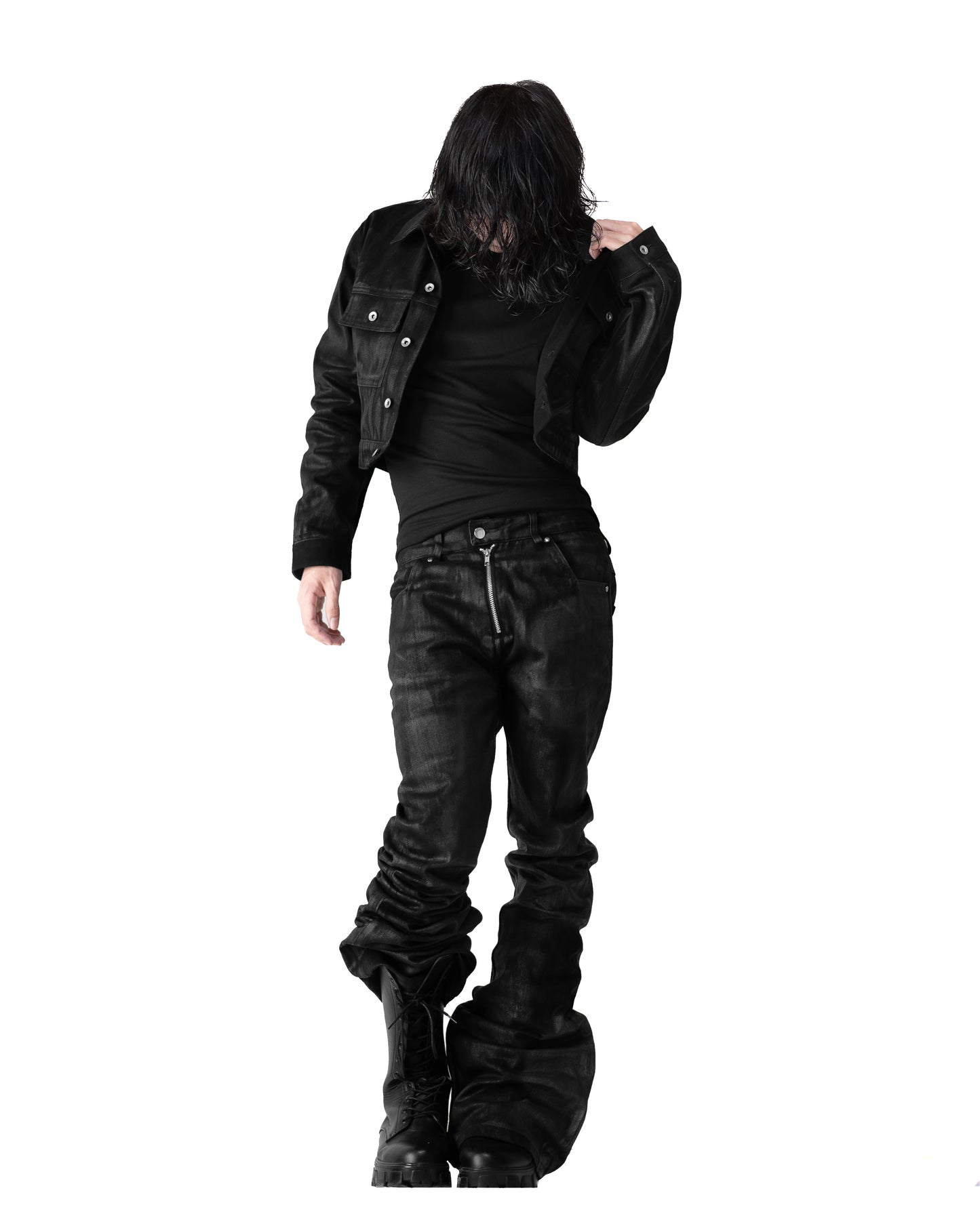 SET ALLCAPO COATING CROPPED JACKET BLACK & COATING FLARE PANTS