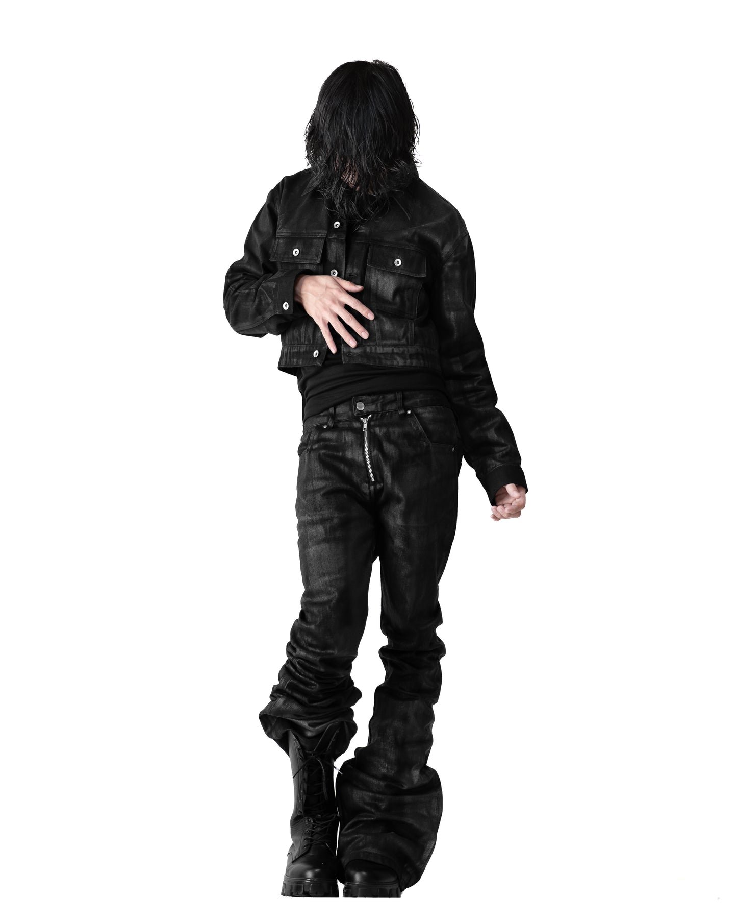 SET ALLCAPO COATING CROPPED JACKET BLACK & COATING FLARE PANTS