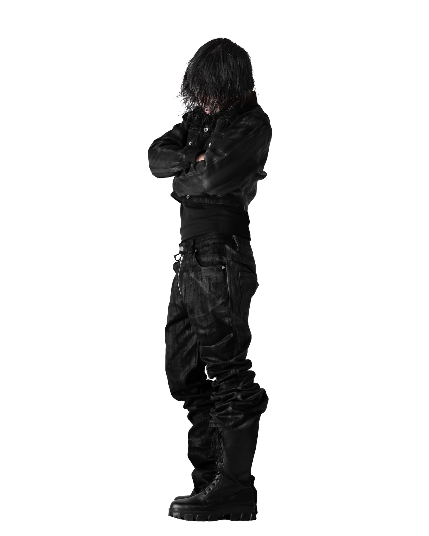 SET ALLCAPO COATING CROPPED JACKET BLACK & COATING FLARE PANTS