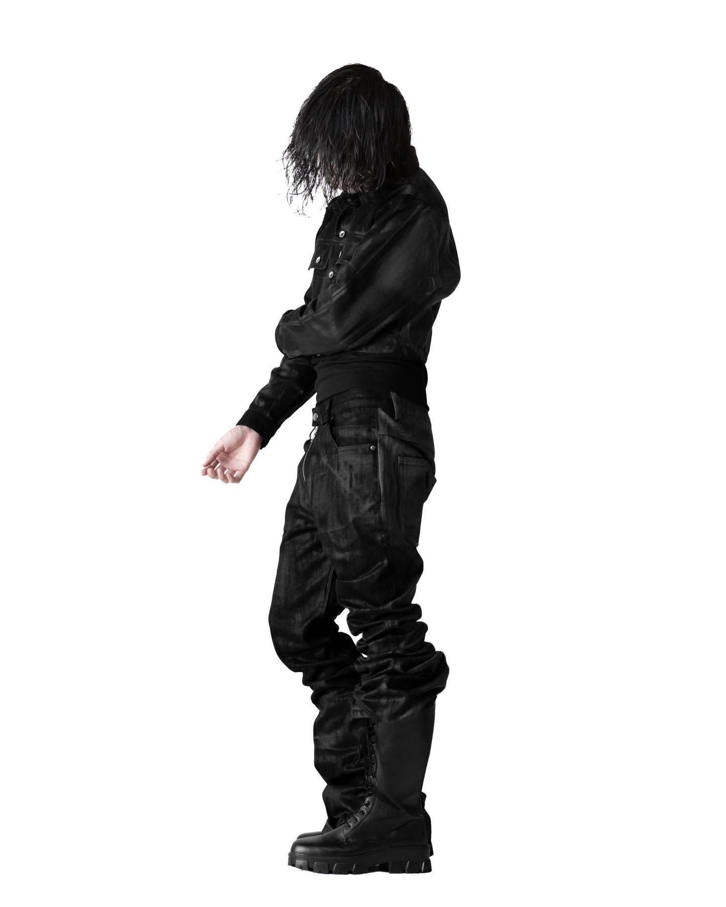 SET ALLCAPO COATING CROPPED JACKET BLACK & COATING FLARE PANTS