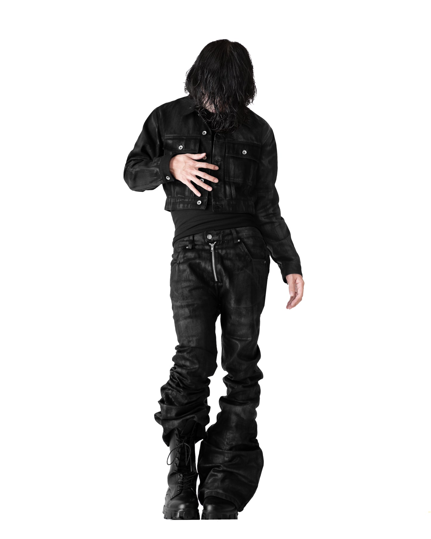 SET ALLCAPO COATING CROPPED JACKET BLACK & COATING FLARE PANTS