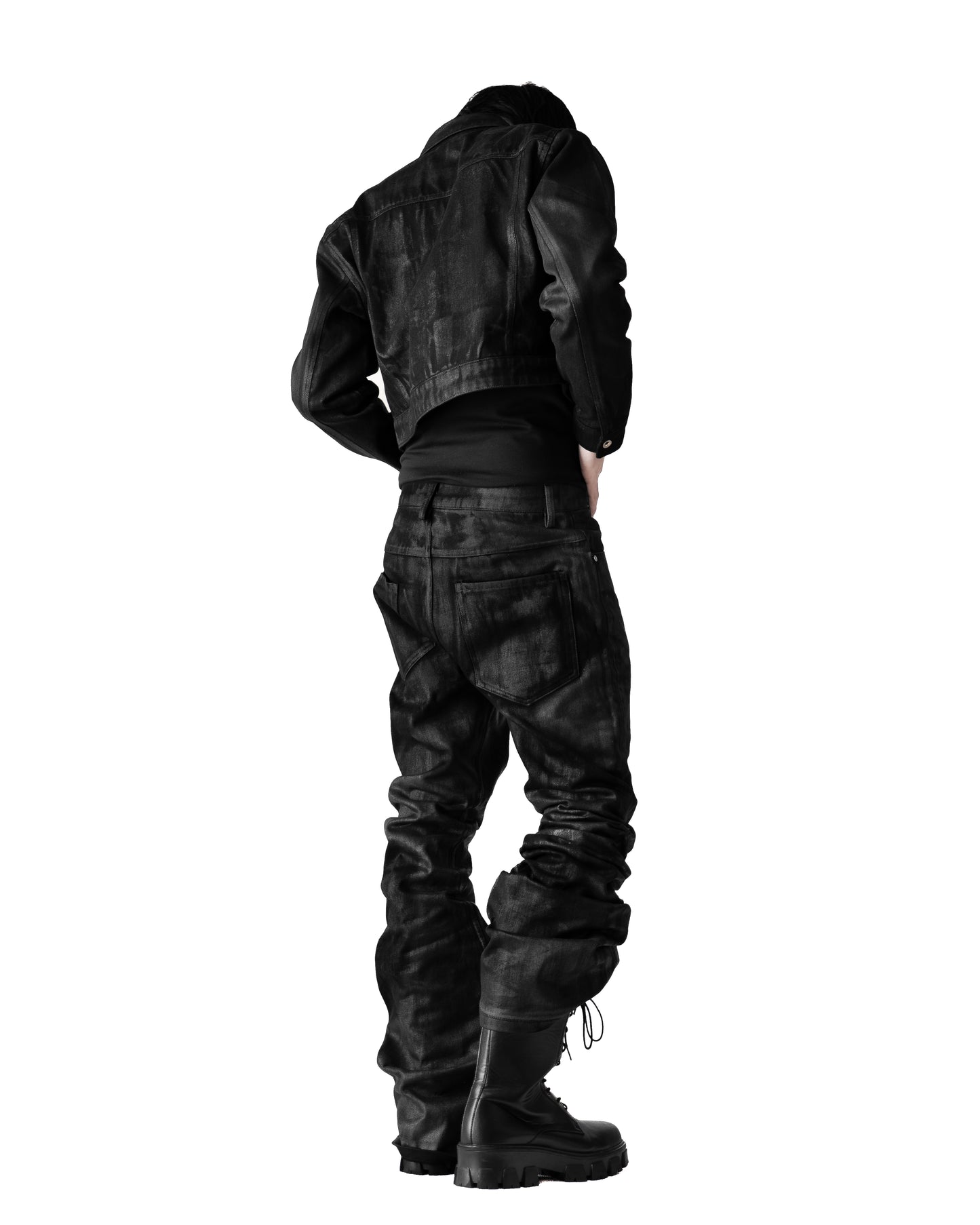 SET ALLCAPO COATING CROPPED JACKET BLACK & COATING FLARE PANTS