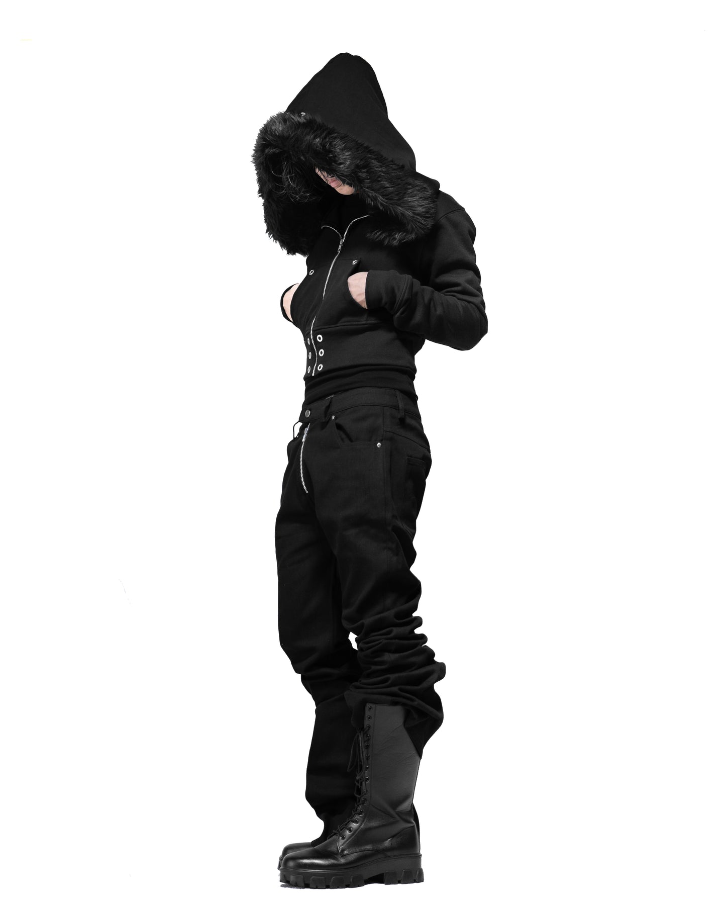 SET FLARE PANTS & FUR CROPPED BIG HOODIE FIT