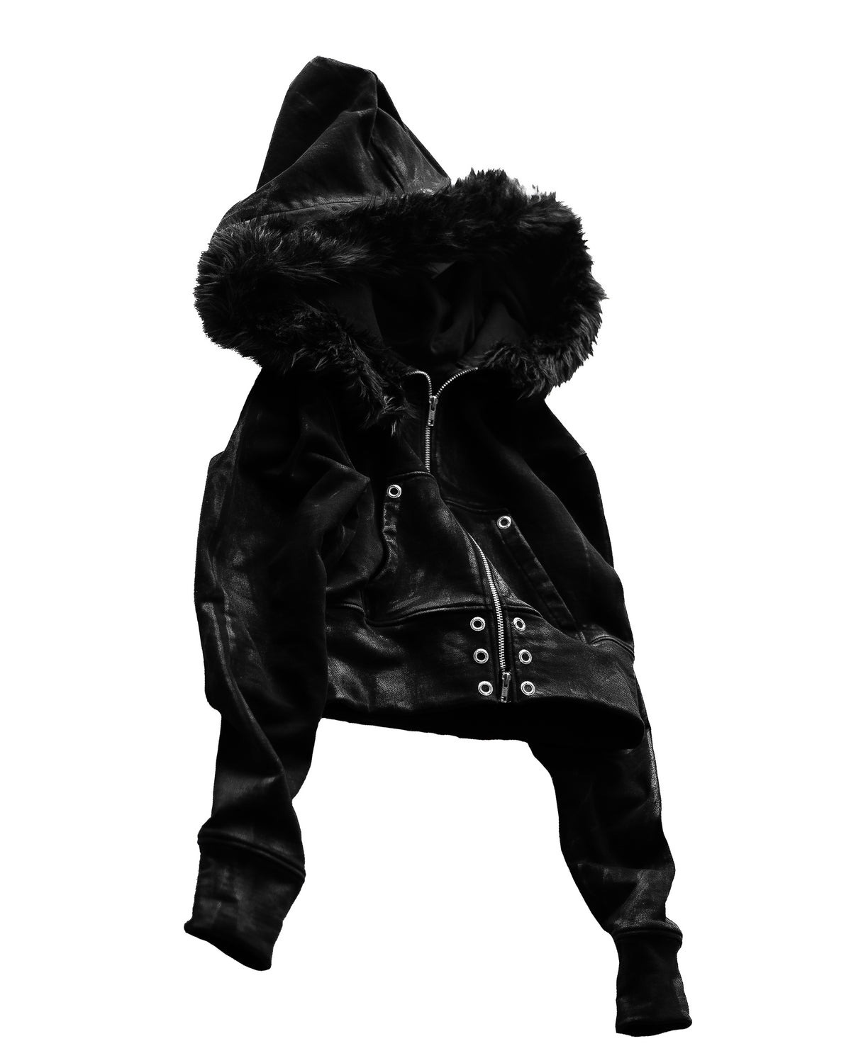 SET COATING DOUBLE KNEE VOLUME BOTTOM WIDE PANTS & COATING FUR CROPPED BIG HOODIE FIT