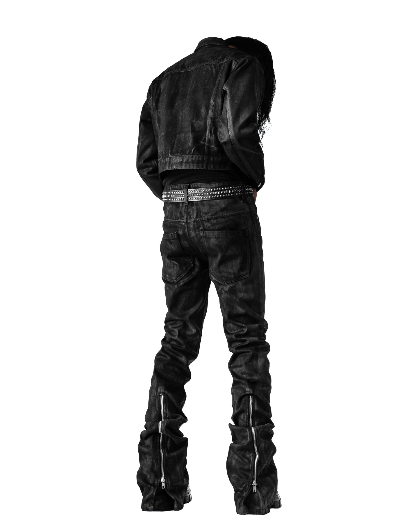 BACK ZIP COATING SKINNY FLARE PANTS