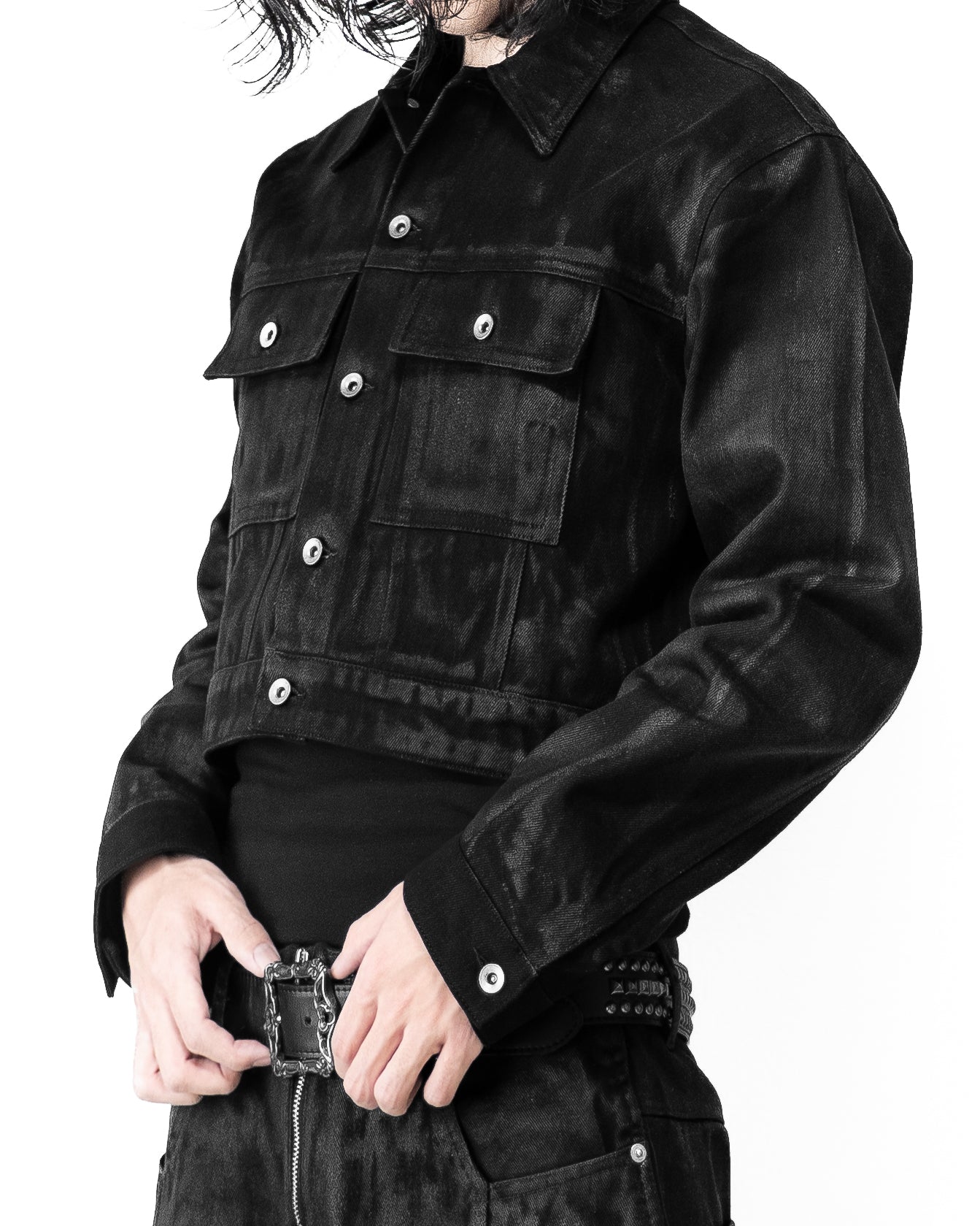 SET ALLCAPO COATING CROPPED JACKET BLACK & COATING FLARE PANTS