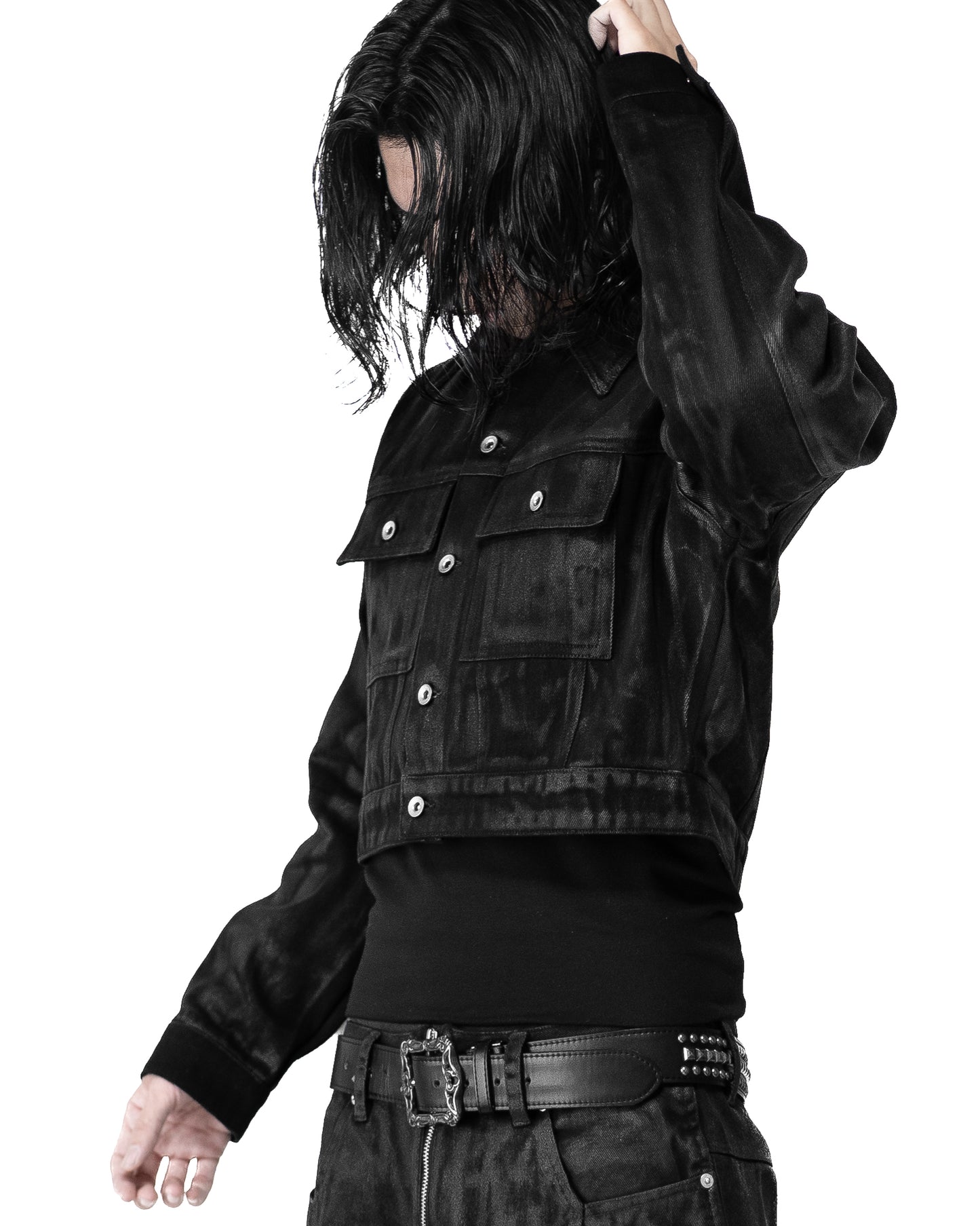 SET ALLCAPO COATING CROPPED JACKET BLACK & COATING FLARE PANTS