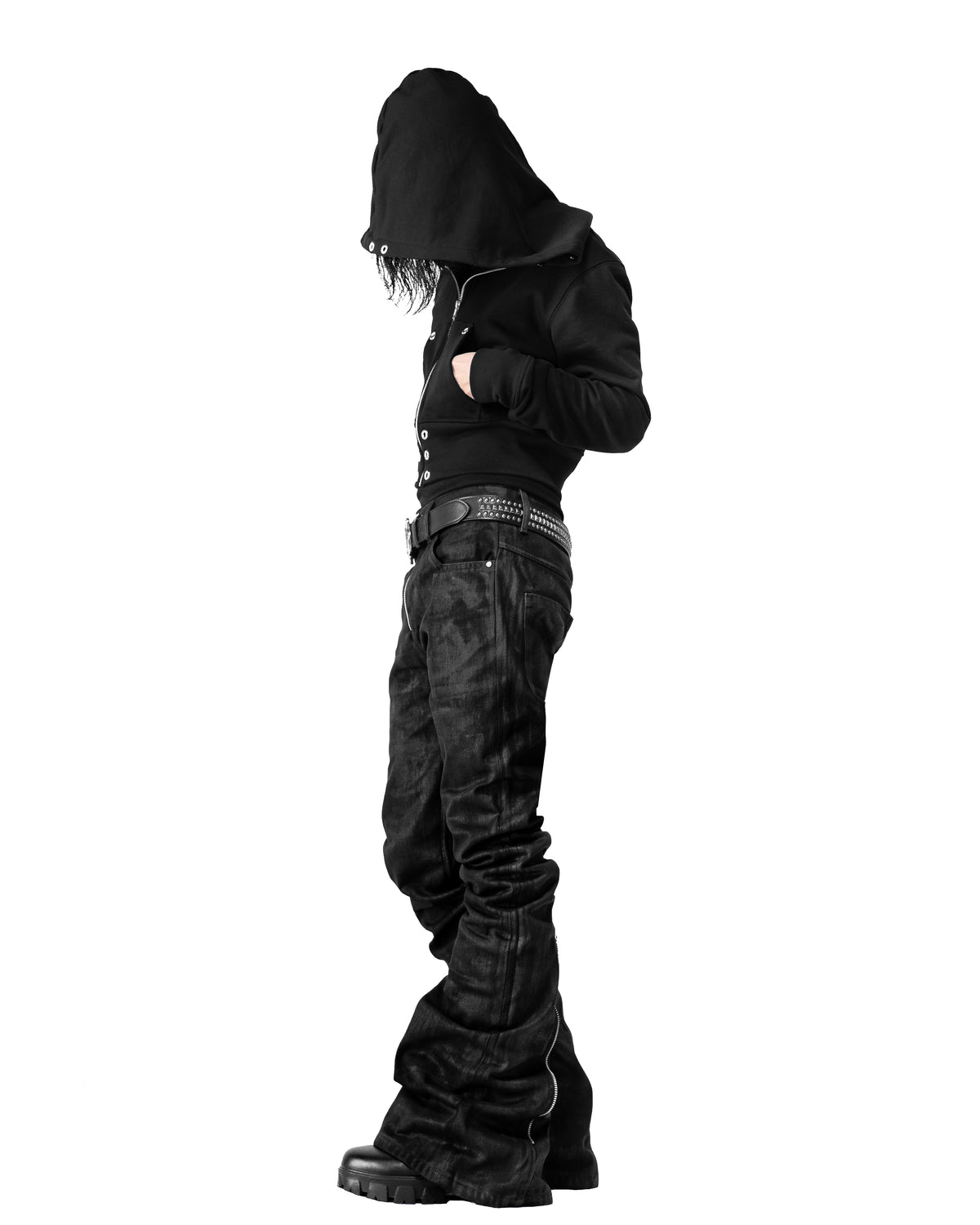SET BACK ZIP COATING SKINNY FLARE PANTS & ALLCAPO CROPPED BIG HOODIE FIT