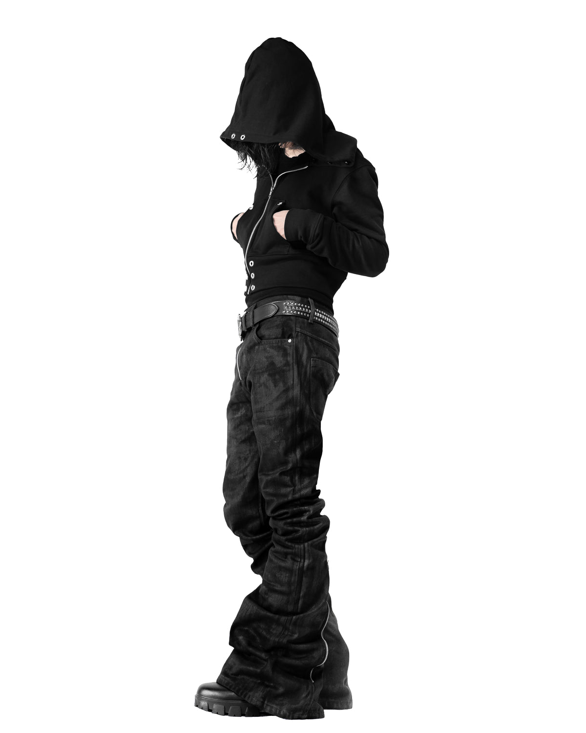 SET BACK ZIP COATING SKINNY FLARE PANTS & ALLCAPO CROPPED BIG HOODIE FIT
