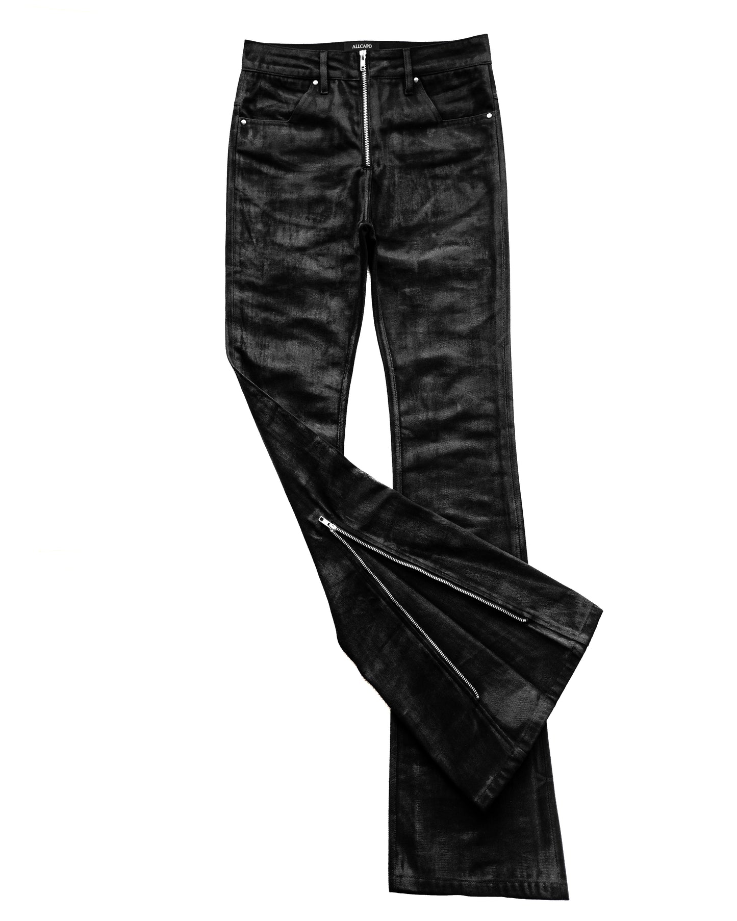BACK ZIP COATING SKINNY FLARE PANTS