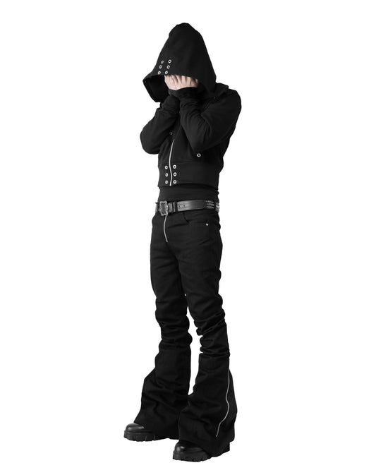 SET BACK ZIP SKINNY FLARE PANTS & STUDDED CROPPED BIG HOODIE