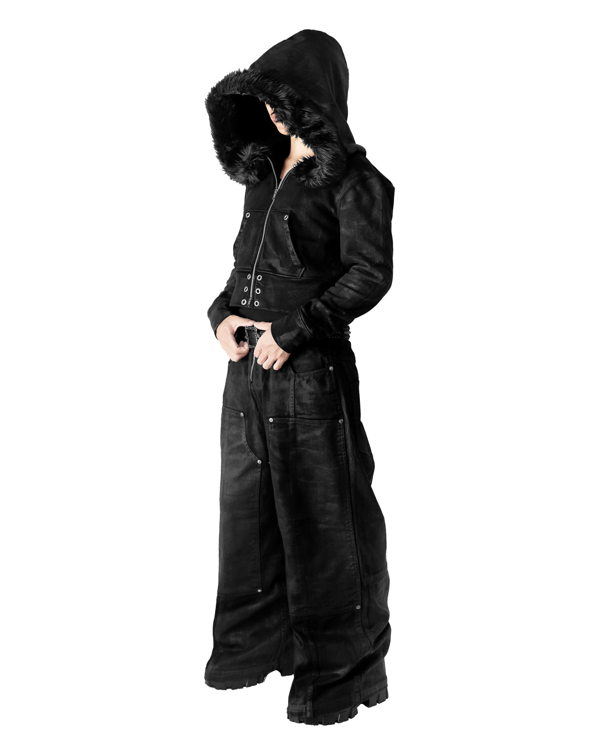 SET COATING DOUBLE KNEE VOLUME BOTTOM WIDE PANTS & COATING FUR CROPPED BIG HOODIE FIT