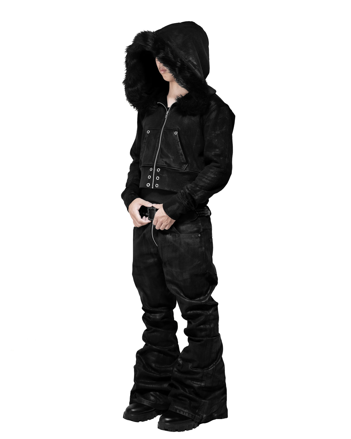 SET  COATING FLARE PANTS & COATING FUR CROPPED BIG HOODIE FIT