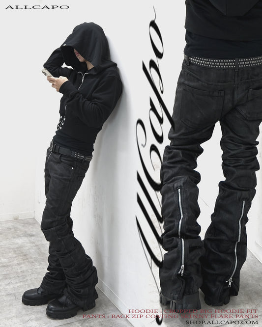 SET BACK ZIP COATING SKINNY FLARE PANTS & ALLCAPO CROPPED BIG HOODIE FIT