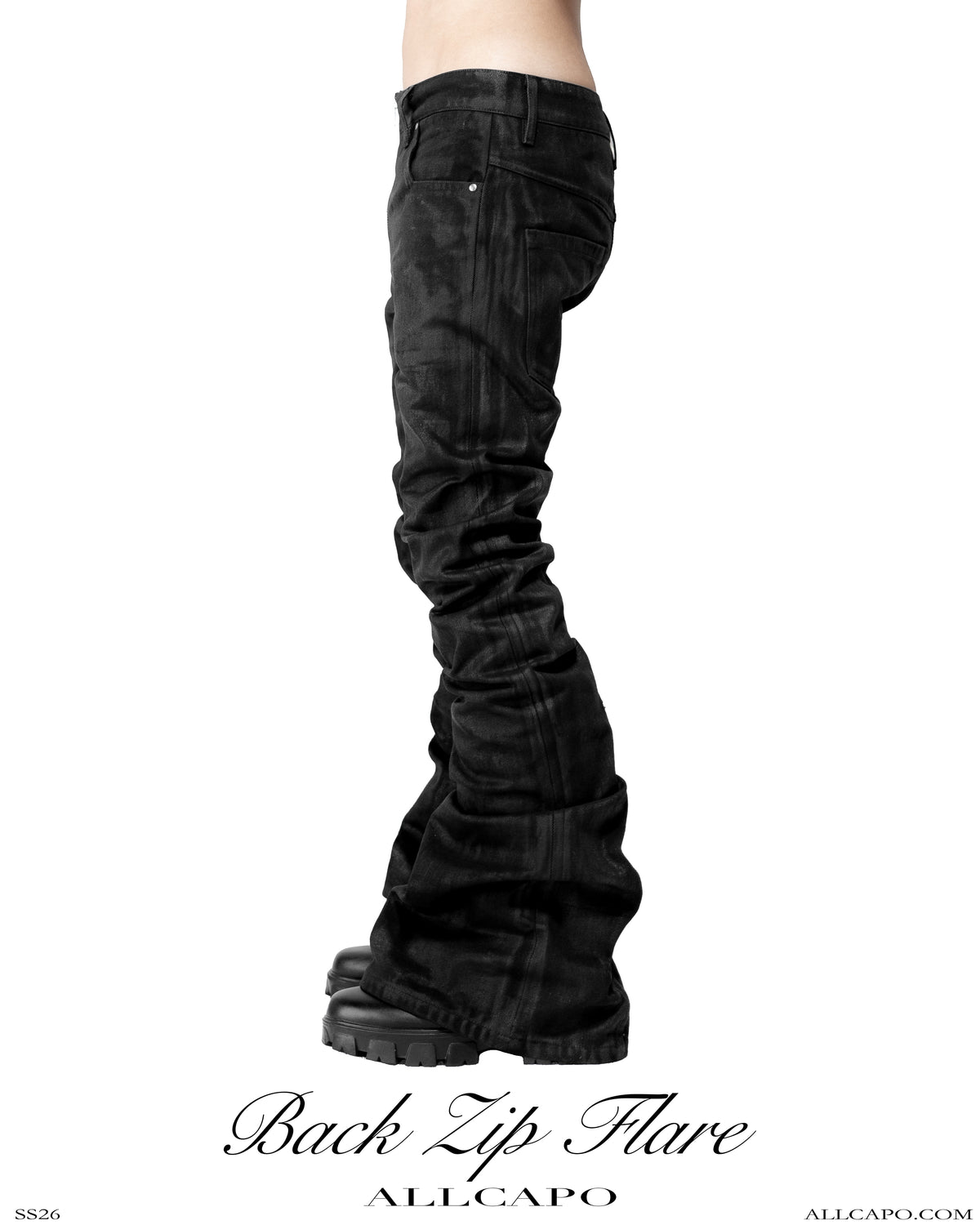 BACK ZIP COATING SKINNY FLARE PANTS